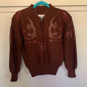 70s vintage Thick knit pullover sweater with leather and shiny snakeskin cutouts